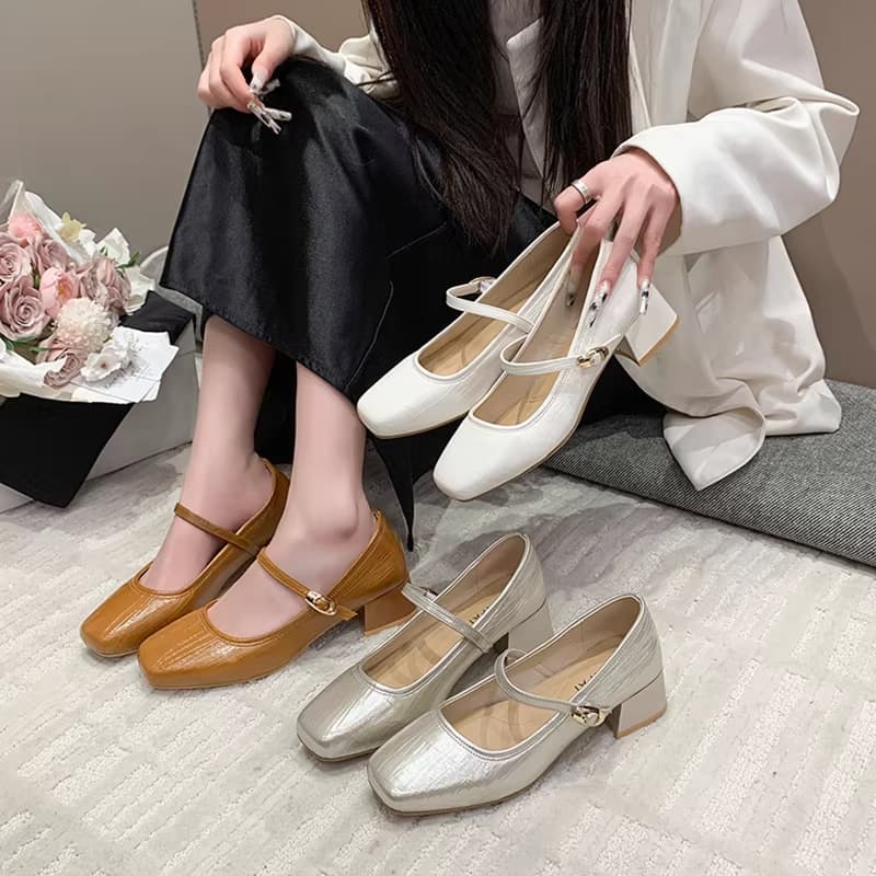 Women's Flats for 2026 Spring/Autumn, Square Toe Chunky Heel Mary Jane Shoes with One-Strap, Mid Heel for Dresses