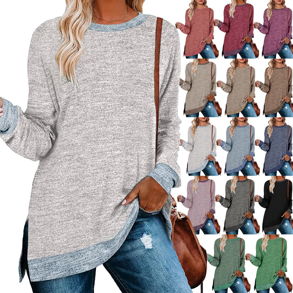 European and American cross-border women's clothing Amazon long-sleeved round neck color-blocked slit tops loose casual T-shirt Tunic Tops