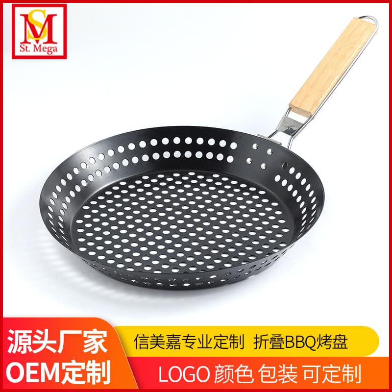Manufacturer stock field camping vegetable crepe pan foldable BBQ grill plate round non-stick BBQ grill basket