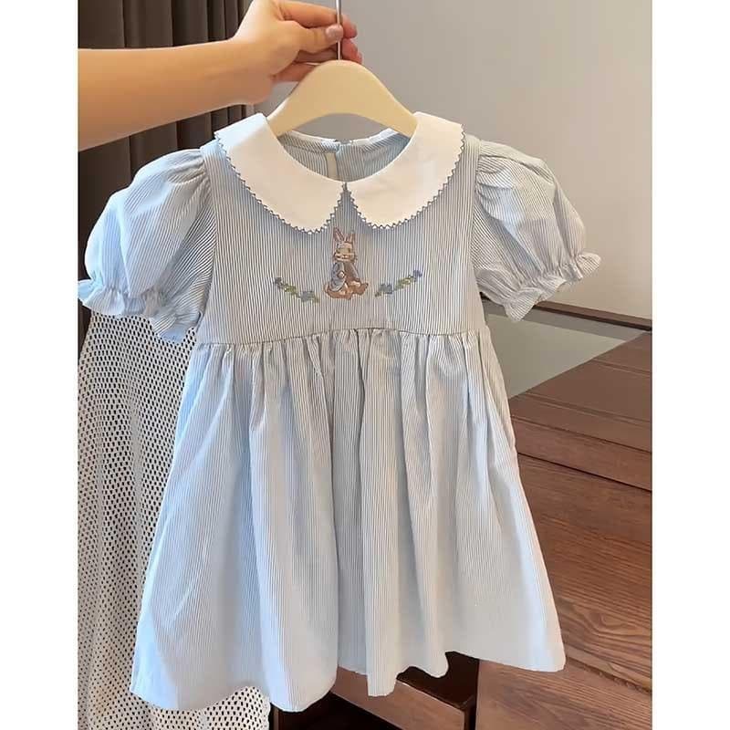 Girls Dress Summer 2026 New Baby Girl Stylish Children Bubble Sleeve Fashion Stripe Little White Rabbit Skirt