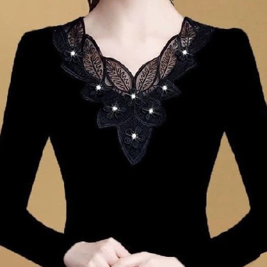 (Milk Silk Fleece) Black Base Layer Shirt Autumn/Winter Style Inner Wear Elegant Half High Neck Plus Size Top Fashionable Lace