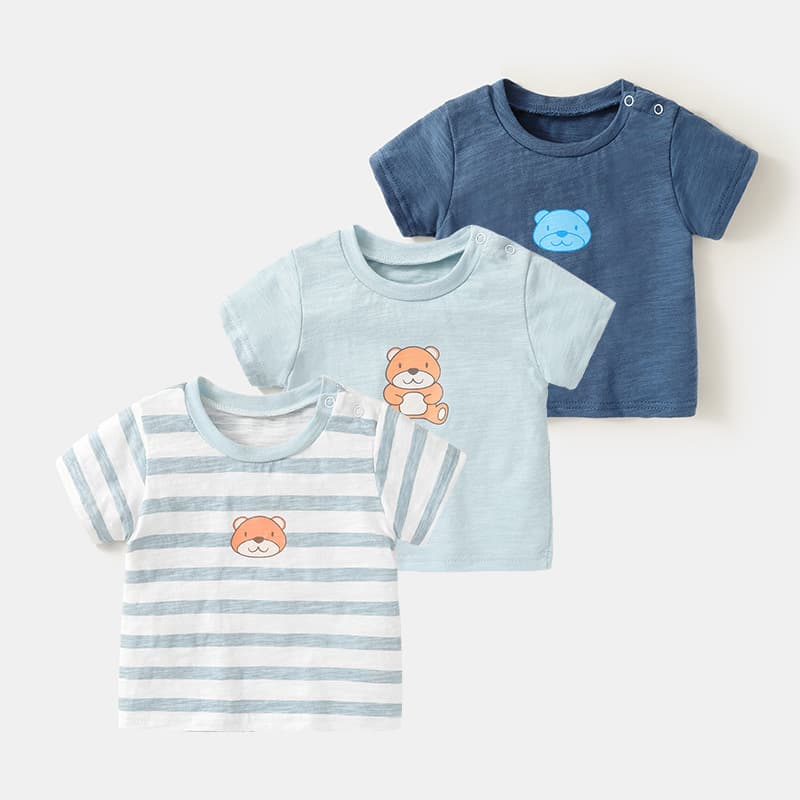Baby Boy Girl Short Sleeve T-Shirt Bamboo Cotton Half Sleeve Spring Summer Kids Clothing Striped Bear Cartoon Design