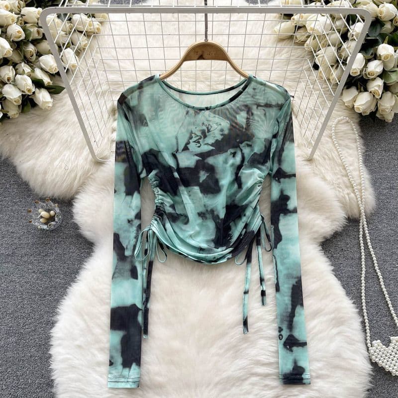 Vintage Niche Design Tie-Dye Mesh Drawstring Crewneck T-Shirt Top Summer New Slim-Fit Long-Sleeved Chiffon Shirt