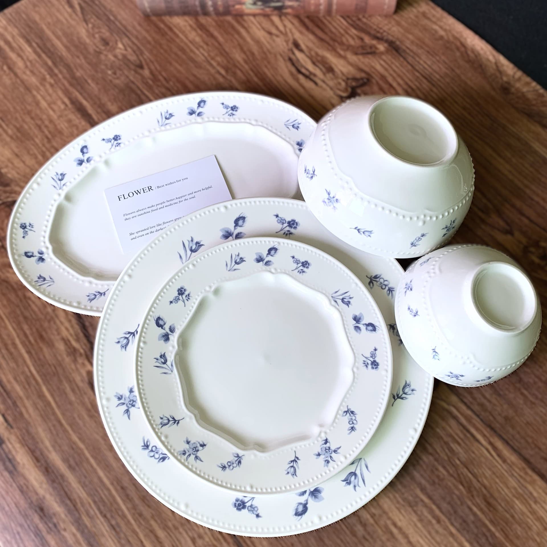 Cross-border French retro style blue floral bead dot ceramic tableware dinner plate coffee cup and saucer dessert bowl and plate set