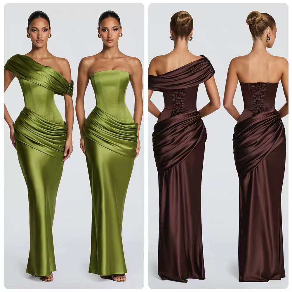 High-Gloss Satin Detachable Ruffle Off-Shoulder Corset Waist Shaping Mermaid Long Evening Dress