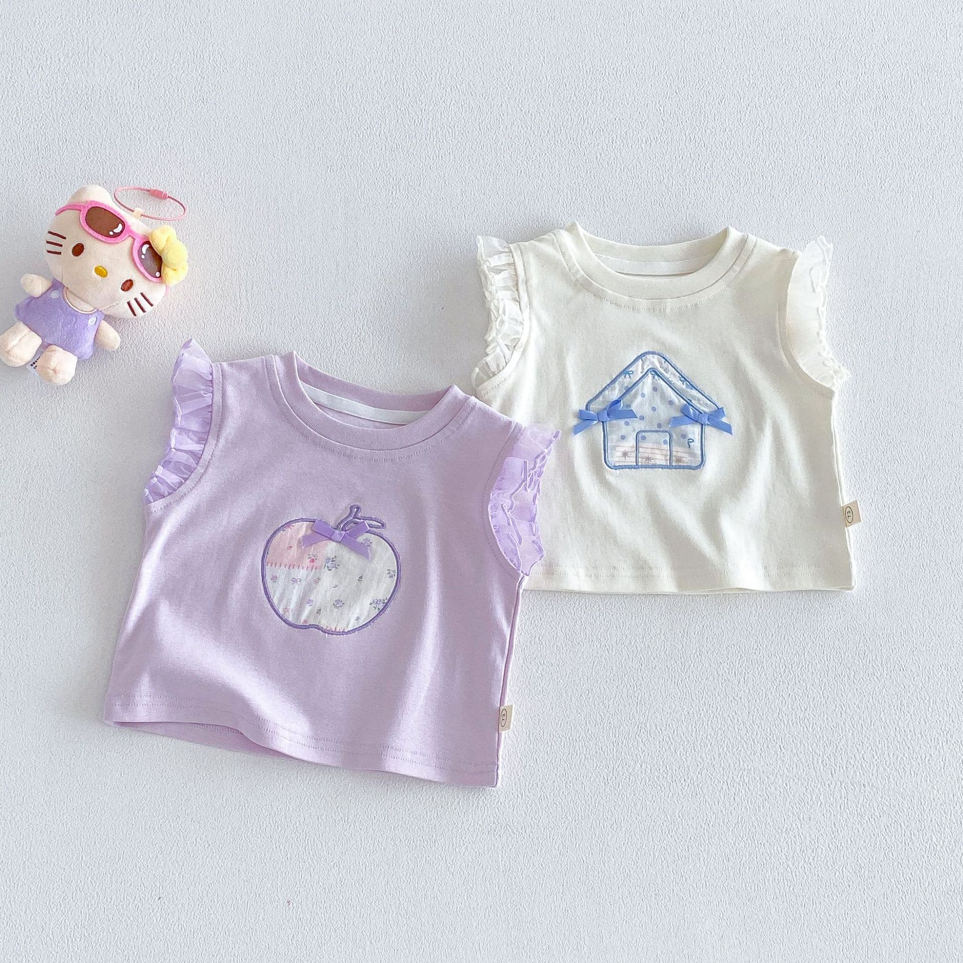 [No Returns or Exchanges] Girls' Fashion Patch Vest 2026 New Summer Baby Korean Bow Butterfly Sleeve T-Shirt