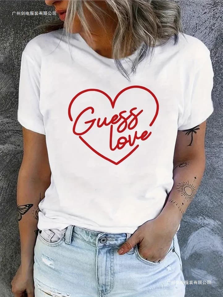 Women's Casual Short-Sleeved T-Shirt - Red Heart-Shaped "Guess Love" Printed Round Neck Top