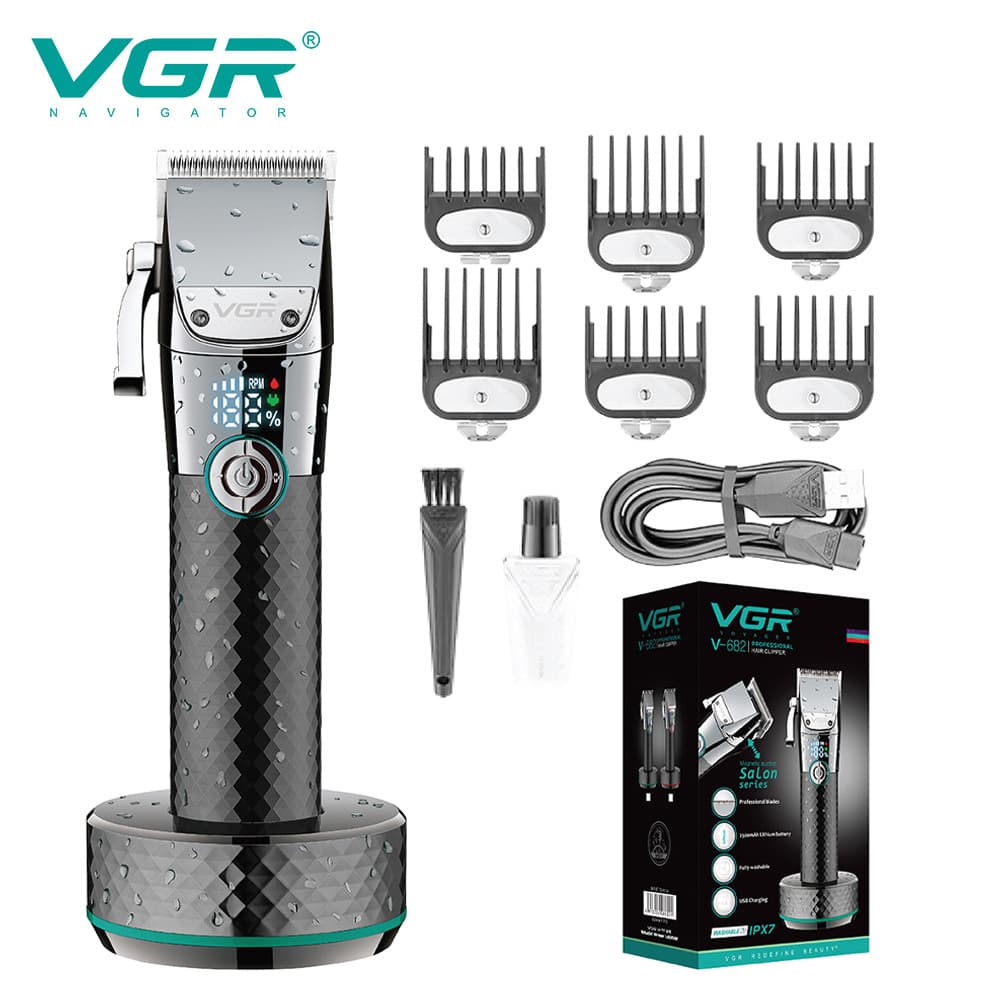 VGR682 New Professional Hair Clipper LED Digital Display IPX7 Washable Electric Trimmer with Charging Base