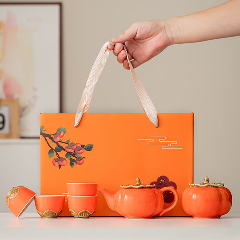 Persimmon Blessing Ceramic Tea Set with Teapot and Cups, Business Gift for Clients, Customizable Corporate Souvenir