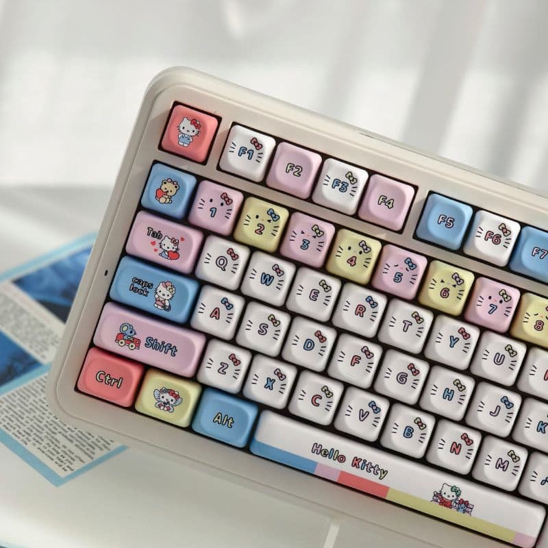 Hello Kitty keycaps, PBT dye-sublimated MOA, highly adorable, compatible with original factory-fitted mechanical keyboards (75/87/98/104 keys).