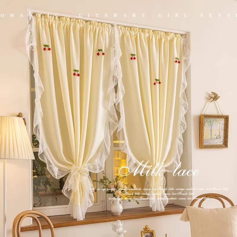French-Style Cream-Colored Sheer Curtain with Lace Ruffles for Girls, Princess-Themed Small Window Curtain, No-Drill Bay Window Door Curtain, Partition Short Curtain