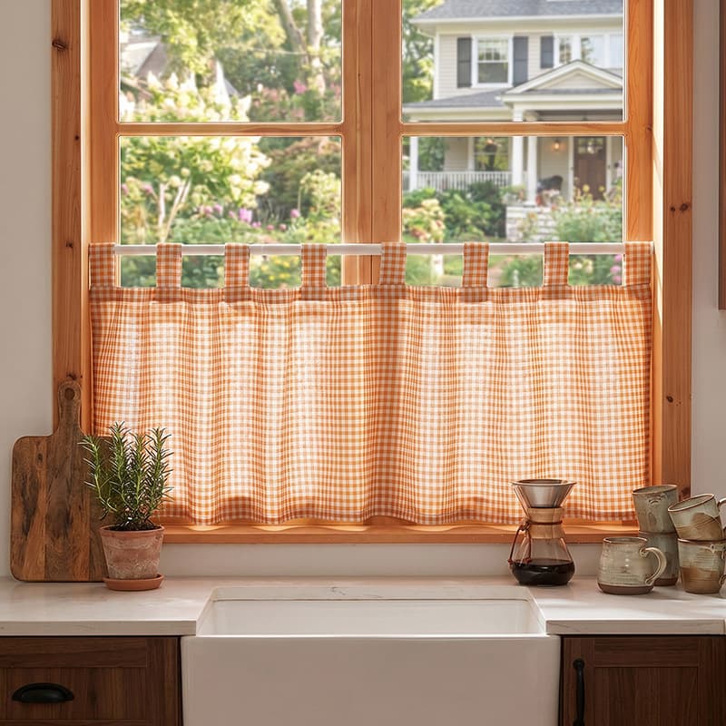 2026 Retro American Plaid Coffee Curtain Decorative Blocking Curtain Balcony Living Room Kitchen Shade No-drill Short Curtain