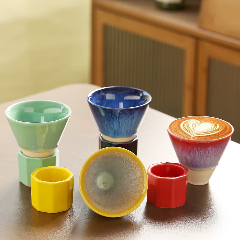 Cross-border Hot Selling Kiln-changed Brushed Ceramic Espresso Cup Creative Handmade Tea Cup with Base Personal Water Cup Wholesale
