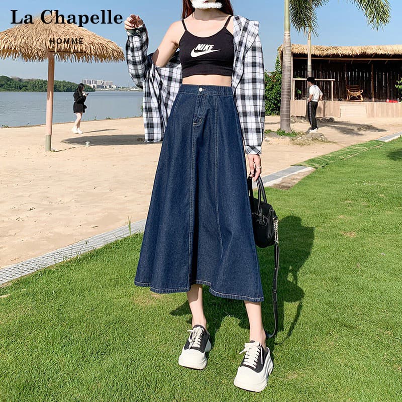 Dark Blue Denim Skirt for Women 2025 Trendy Versatile New High-Waist Slimming Pleated A-Line Midi Skirt