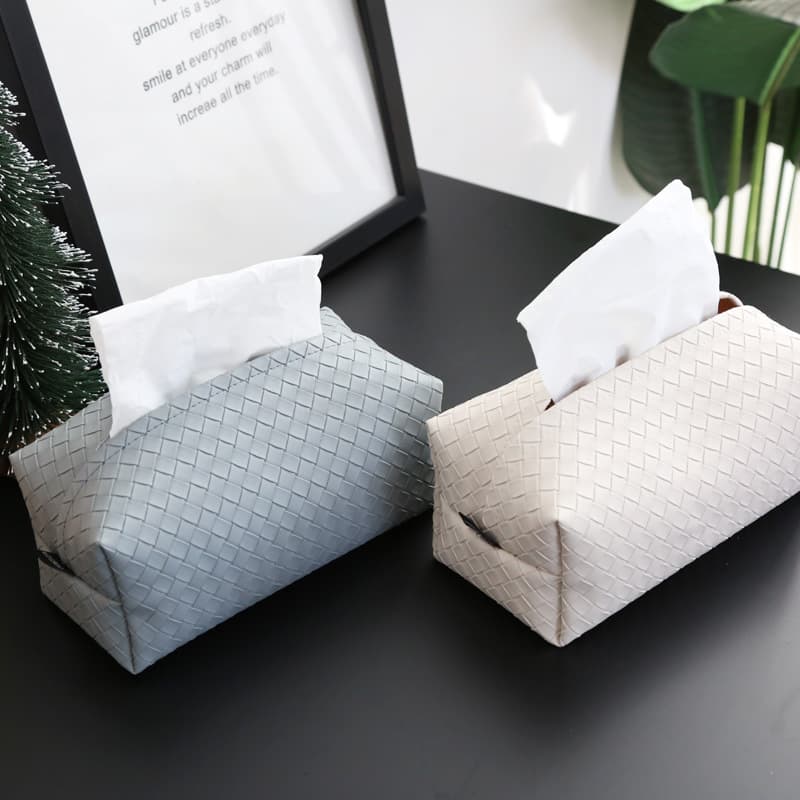 Nordic Style Leather Woven Pattern Tissue Box Living Room Coffee Table Paper Holder Model House Decoration Tissue Pack Factory Direct