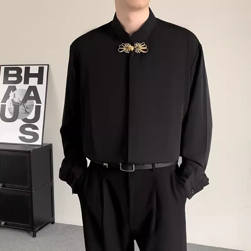New Chinese Style Light Maturity Men's Shirt Long Sleeve Stand Collar Wedding Engagement Inner Wear Black Formal Shirt