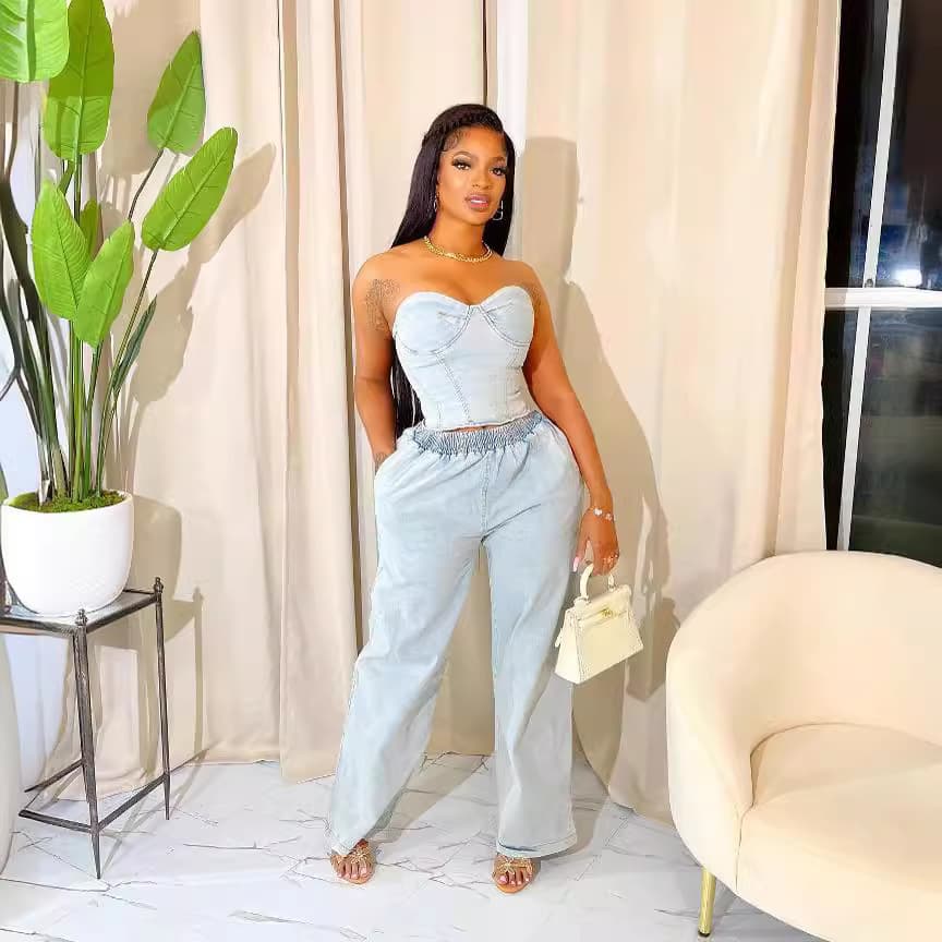 Summer cross-border European and American fashion sleeveless casual elastic denim two-piece suit YM5315 temperament casual style