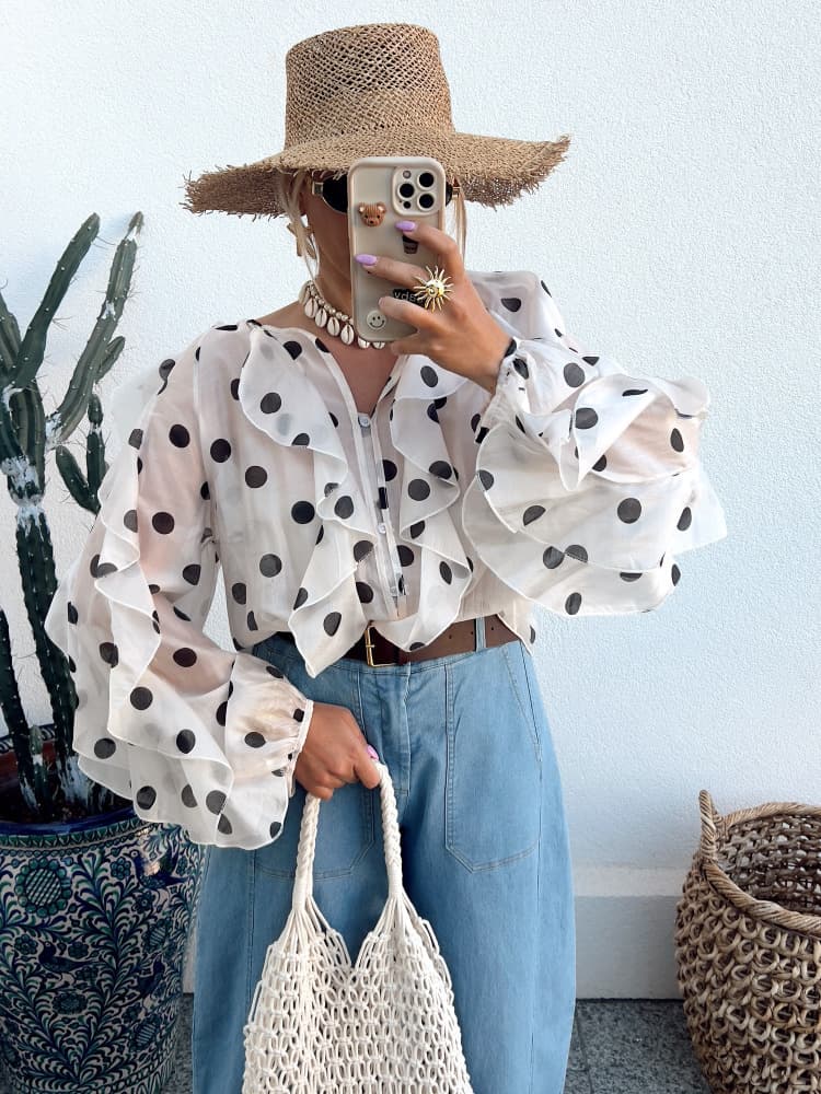 Polka Dot Chiffon Blouse for Women Summer French Ruffled Collar Loose Lantern Sleeve Top