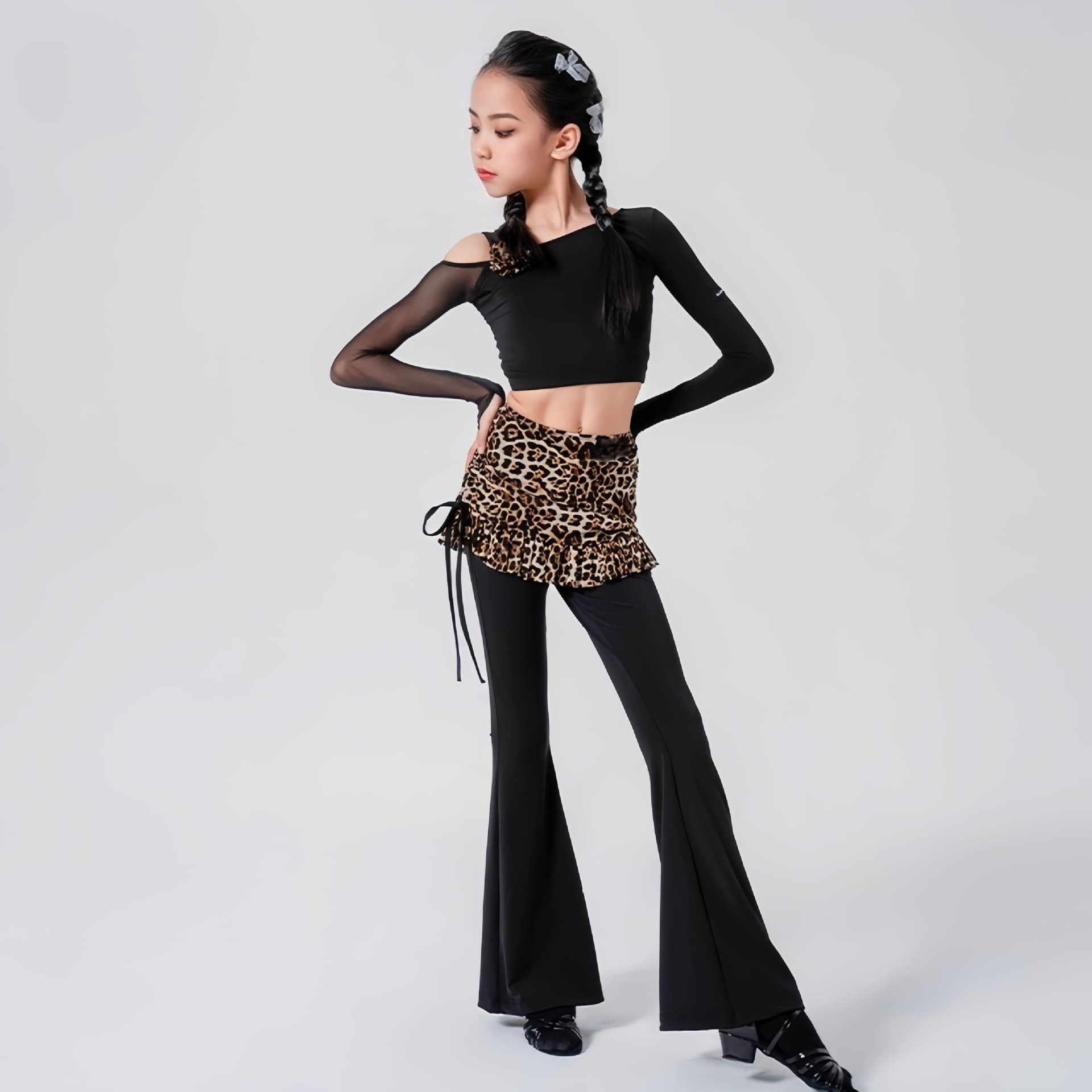 Geria Same Style Latin Dancewear for Girls Autumn Sleeveless Top Skirt Hem Patchwork Flared Pants Practice Dancewear