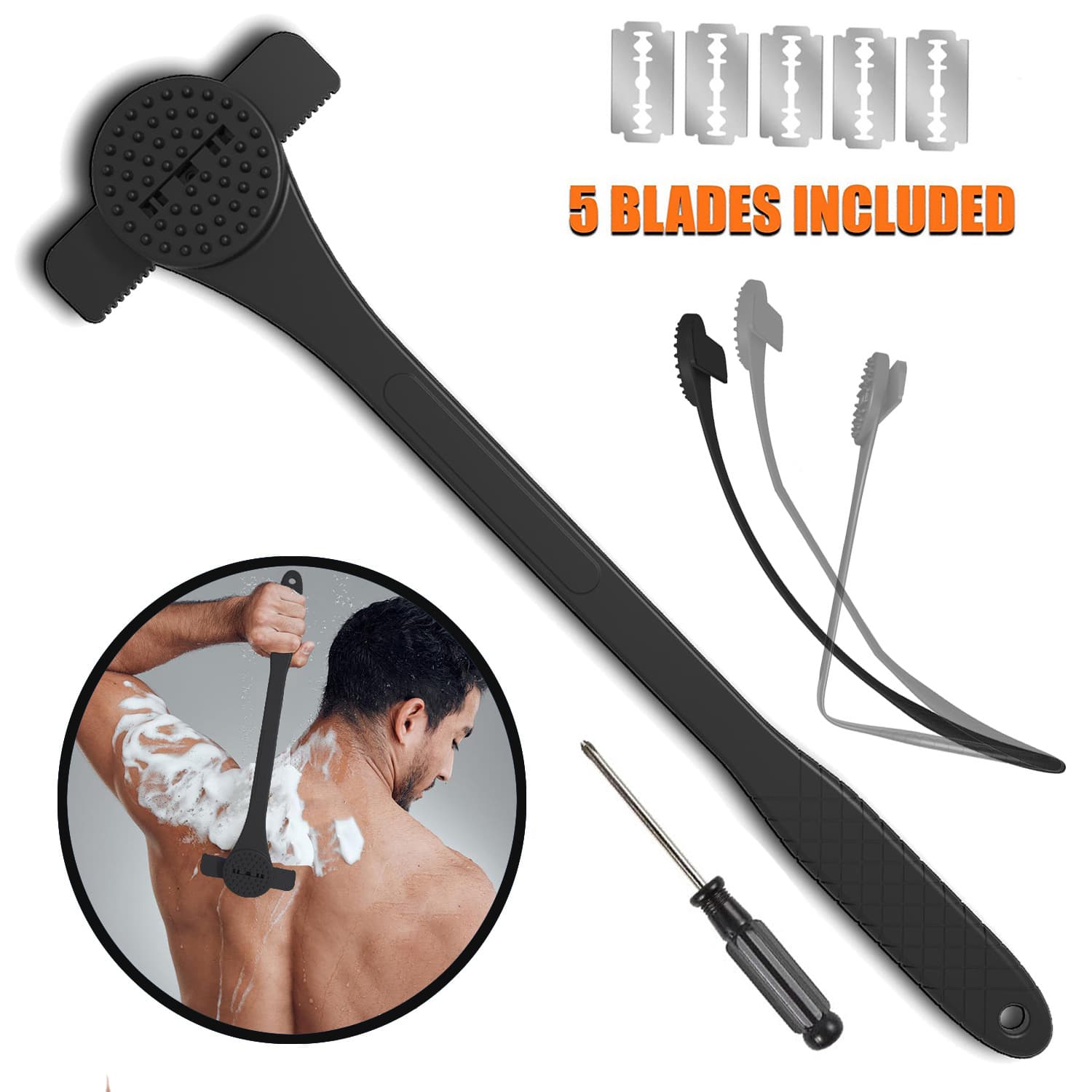 New Unisex 2-in-1 Back Hair Shaver with Back Scrubber, Body Hair Razor, Curved Handle for Flexibility