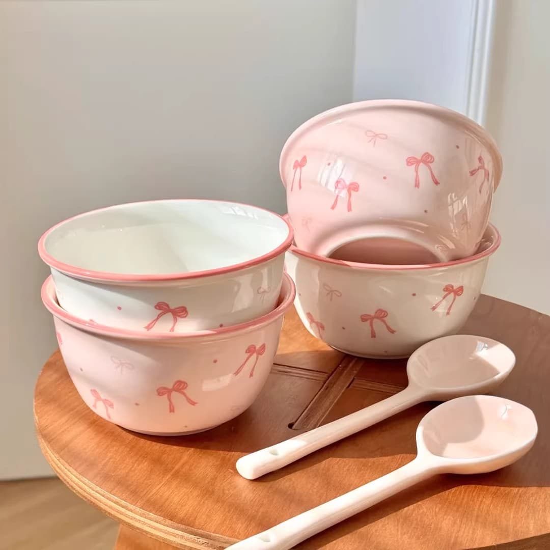 Cream Bow Girl Ceramic Under-glaze Color Cute High Appearance Tableware Rice Bowl Dessert Bowl Spoon Set