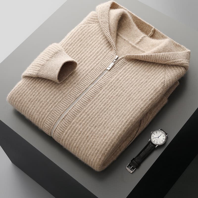 100% Pure Wool Men's Hooded Thick Sweater Coat Business Casual Loose Fit Zip-Up Knit Cardigan