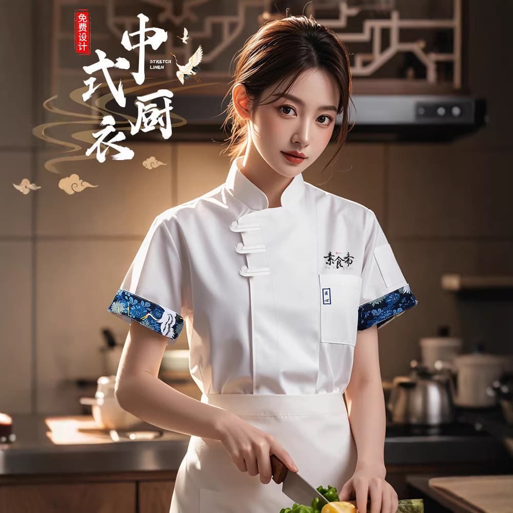 High-End Chinese Kitchen Chef Uniform for Professional Restaurant Use, Seven-Quarter Sleeve Workwear, Women's Chef Coat