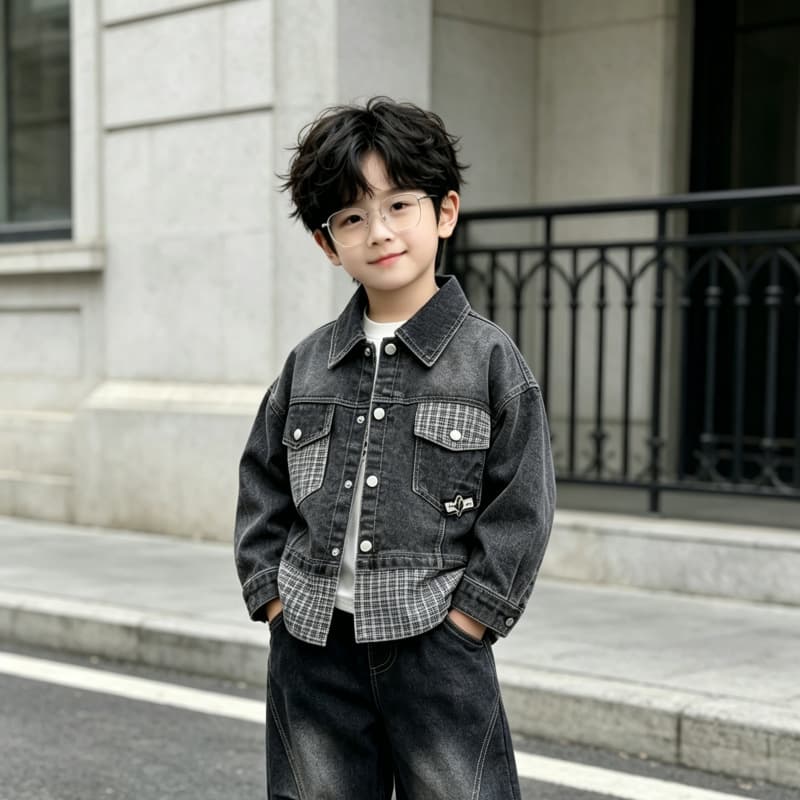 2026 New Children's Clothing Boys' Suit Fashionable Baby Spring and Autumn Plaid Denim Splicing Children's Clothing Three-piece Set Wholesale