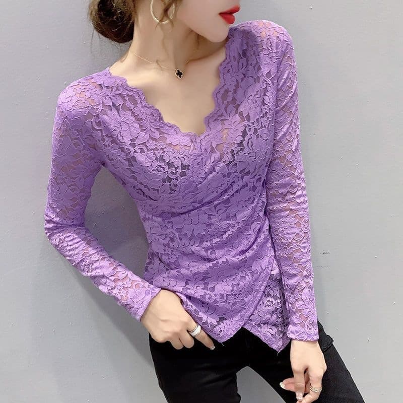Sexy Hollow V-Neck Lace Top Women Long Sleeve Autumn/Winter New Irregular Stylish Tight Fitted Undershirt
