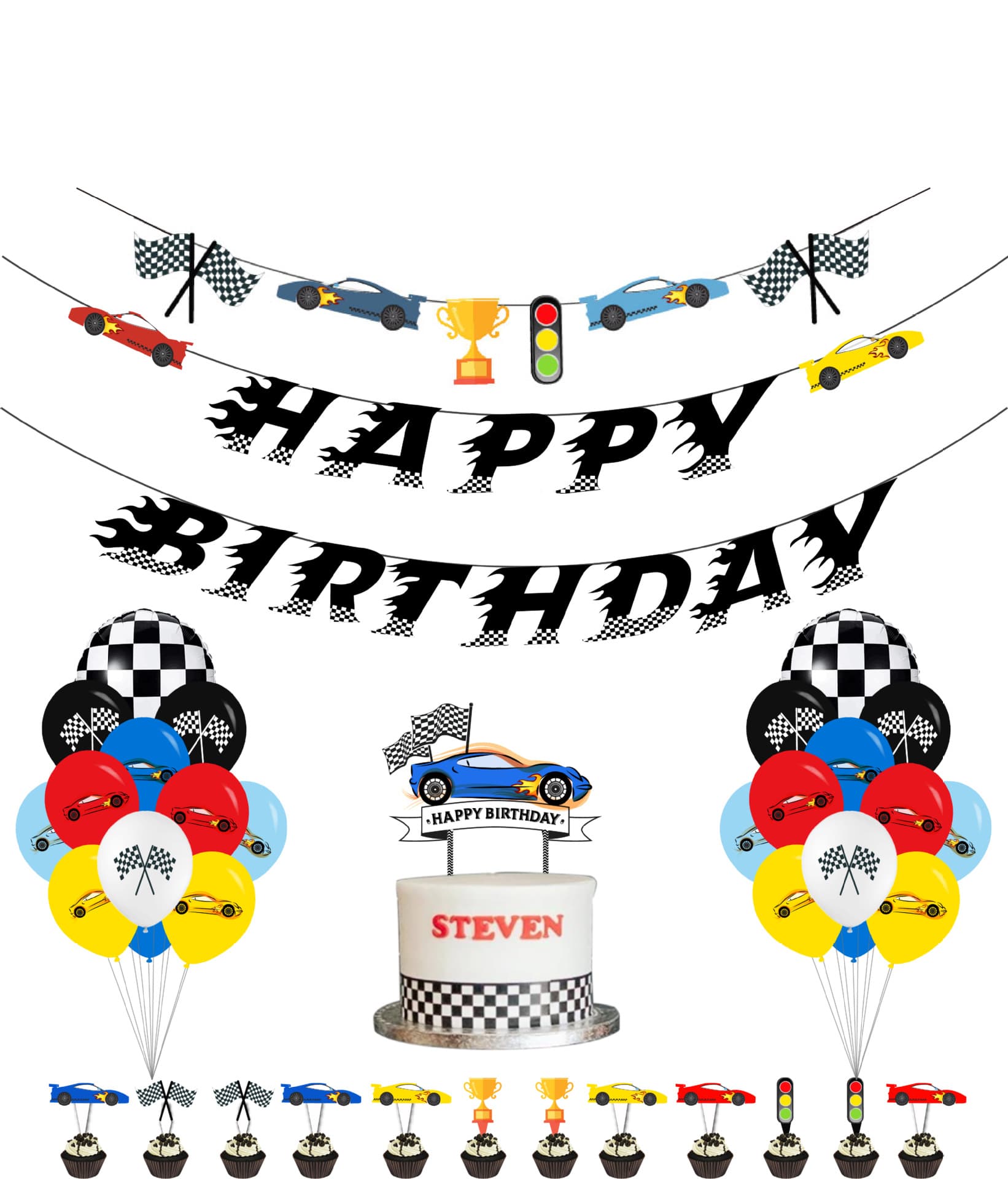 Racing Theme Birthday Party Decoration Cars Cake Topper Letter Banner Background Cloth Setup Kit