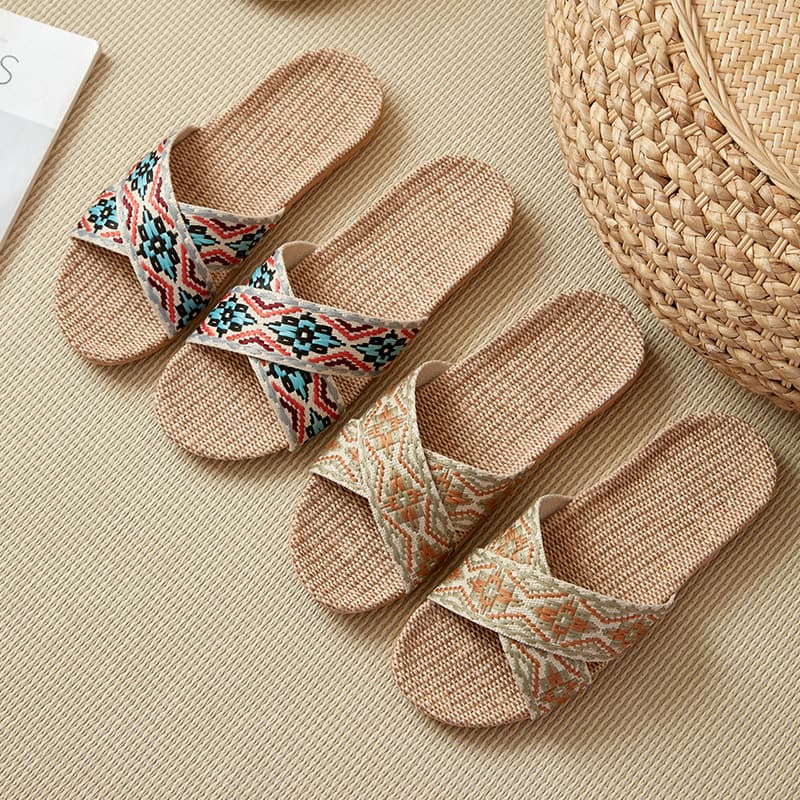 Linen Slippers Anti-Odor Anti-Slip Indoor Cotton Linen Sandals for Women Summer Breathable Casual Slides