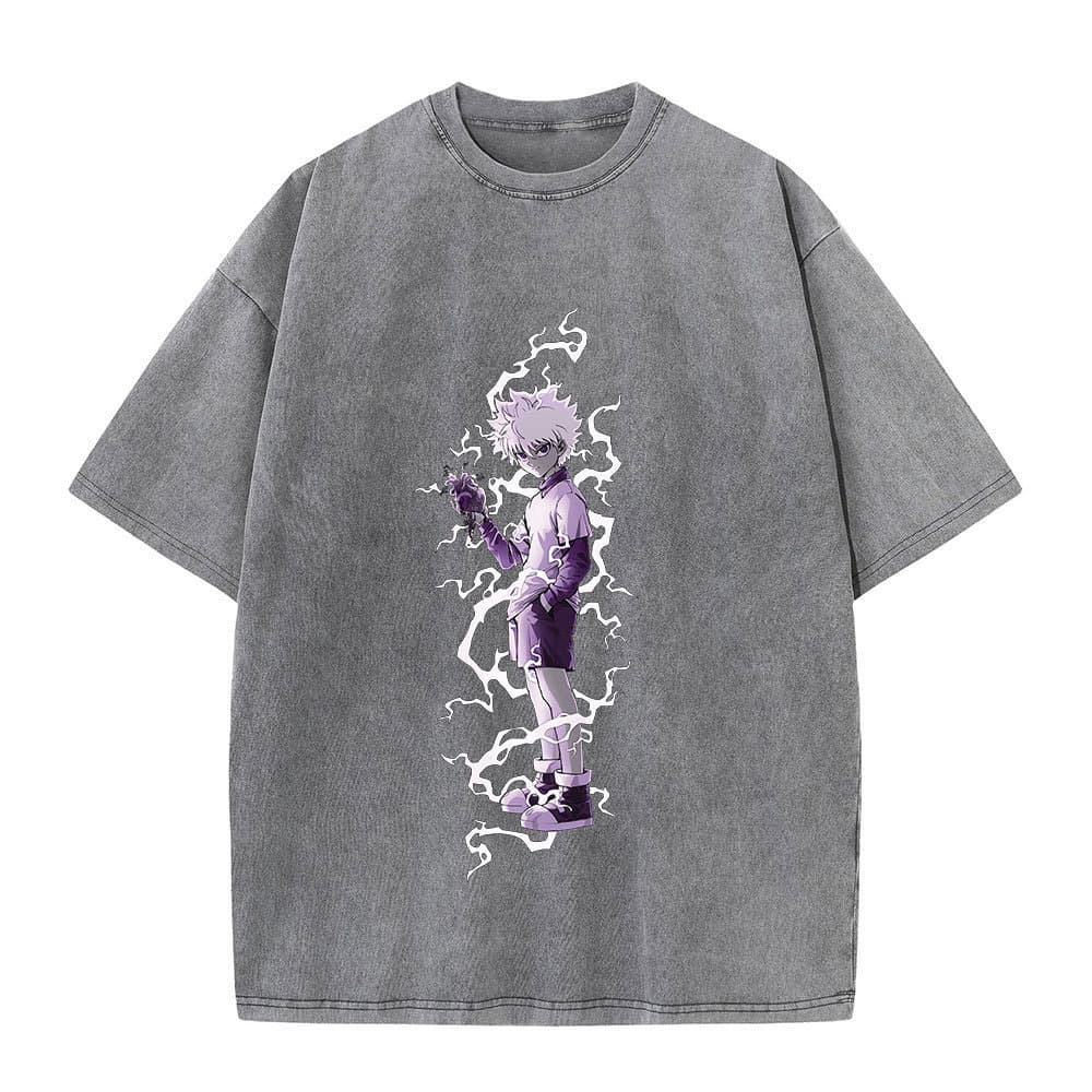 Anime Hunter x Hunter Printed T-Shirt Men's Washed Light Gray Tee Hip Hop Streetwear Summer Harajuku