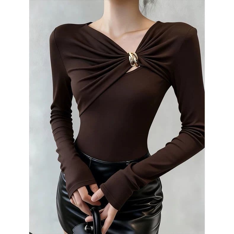 French Vintage Slant Collar Button Pleated Long Sleeve Shirt Women's Fall Winter Inner Layering Top Trendy European and American Style Black