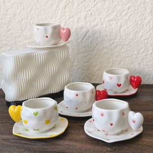 Korean Ins Style Heart Handle Ceramic Cup Saucer Hand-Pinched Irregular Coffee Cup Saucer Afternoon Tea Set Cross-Border Wholesale