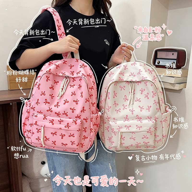College style sweet bow backpack for female middle school and high school students, high-looking schoolbag, light and cute backpack
