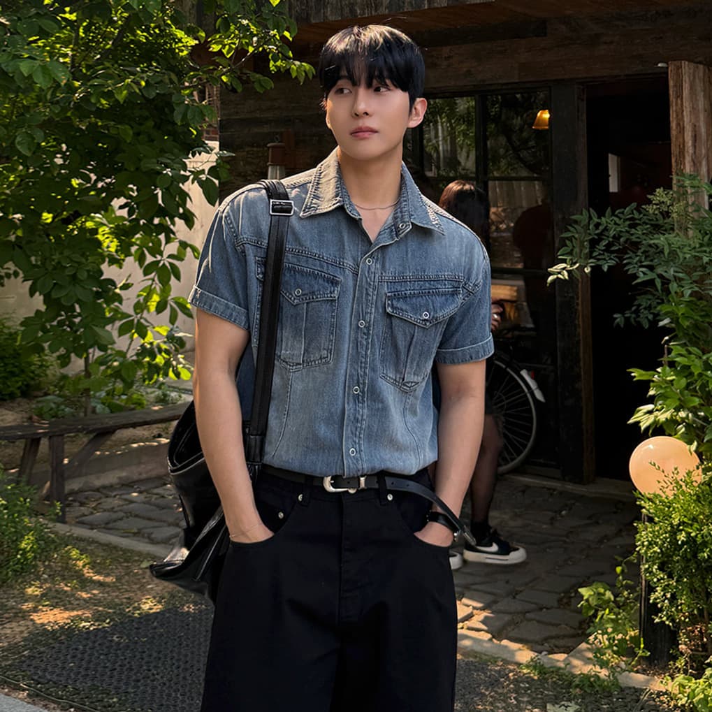 MYQ Vintage Washed Denim Shirt for Men, Summer Loose Fit Turn-Down Collar Short Sleeve Shirt, Korean-Style Husband Look Outfit