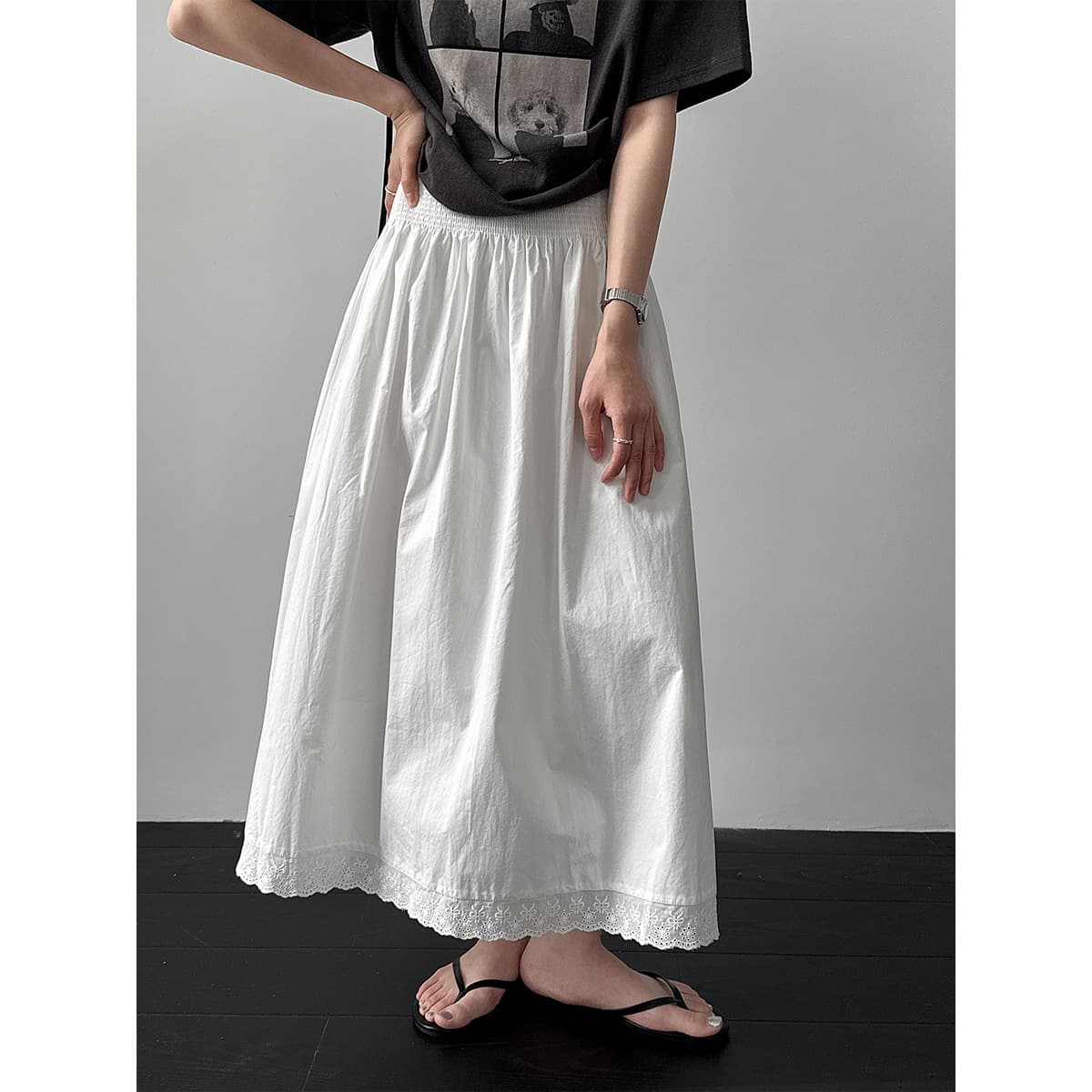 Luxi Korean gentle style lace skirt for women 26 summer high waist slimming wide A-line long skirt 1795