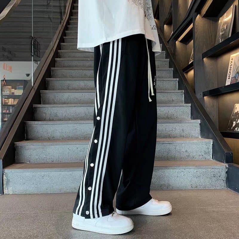 2023 Spring/Fall Korean Trendy Striped Straight-Leg Side Button Pants Loose Casual Wide-Leg Basketball Sweatpants for Men