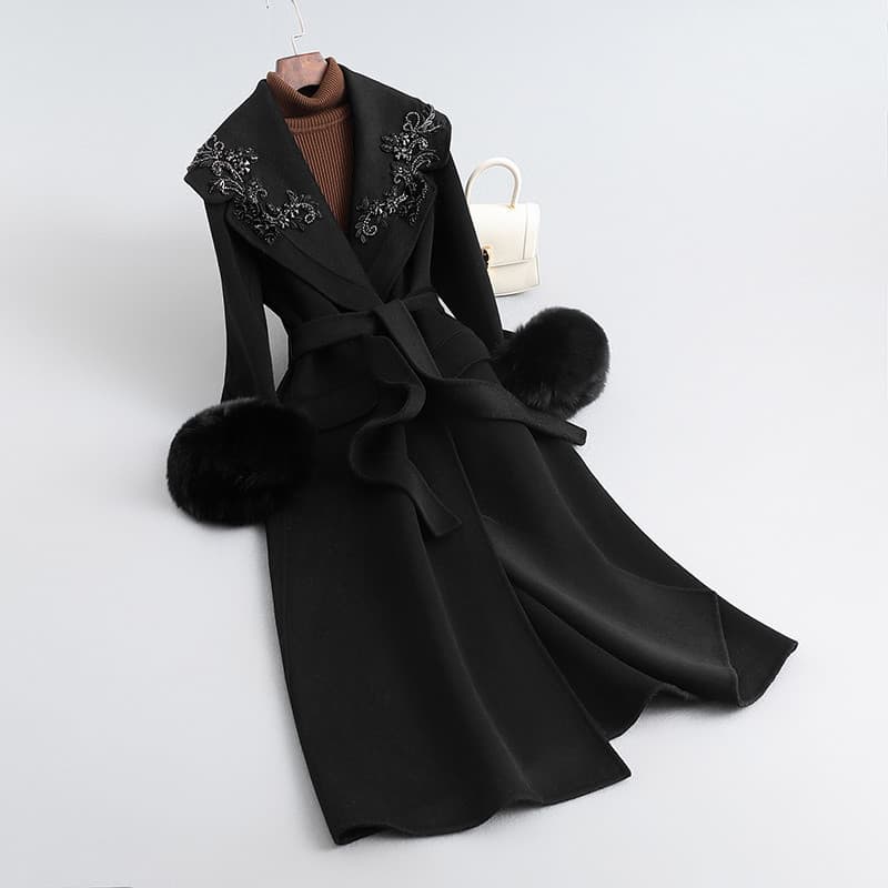 T8Y Double-Faced Cashmere Coat for Women, Premium Fox Fur Collar, Heavy Rhinestone Woolen Fur Coat, Mid-Length