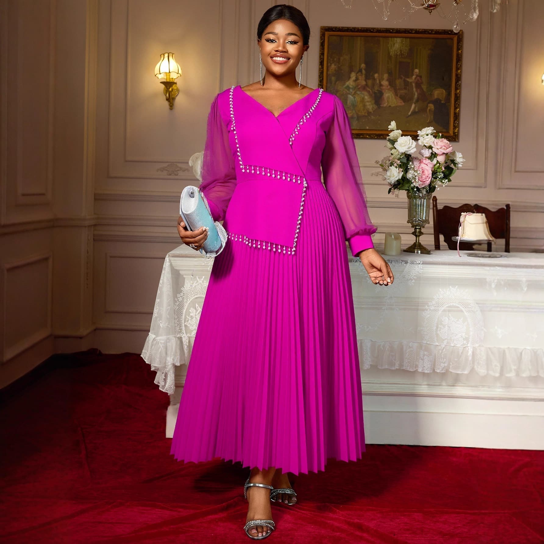 Plus Size Women Burgundy V-Neck Pleated Maxi Dress Sheer Long Sleeve Elegant Design Dresses