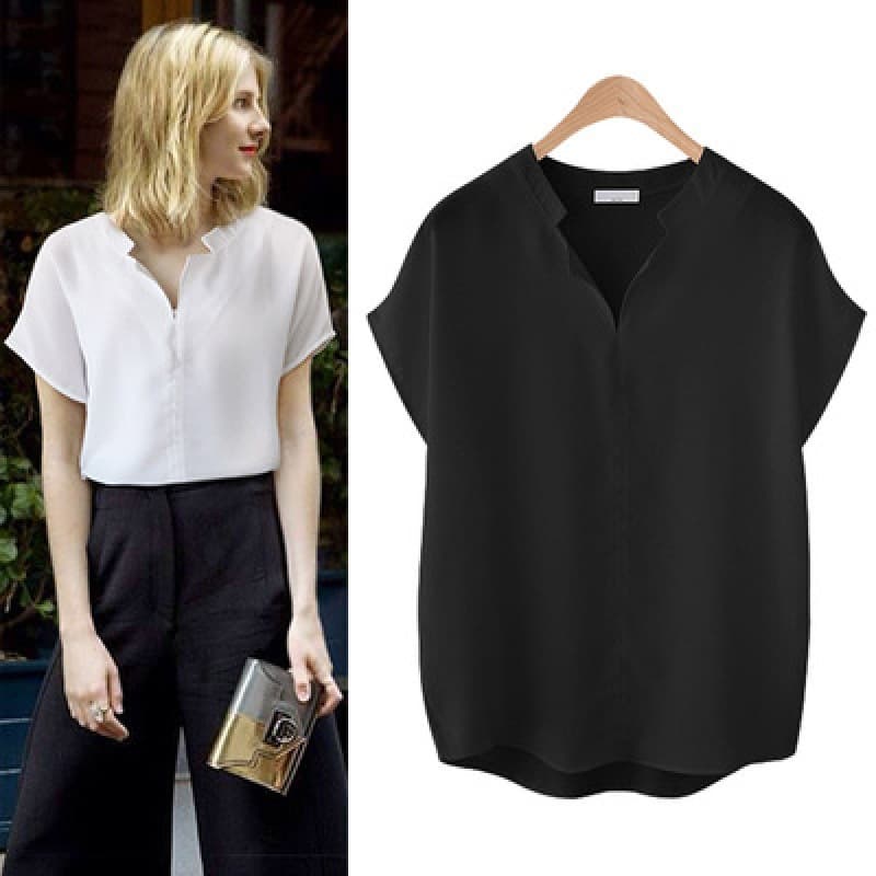 In Stock Hot Selling Loose Versatile Short-Sleeve T-Shirt Women's Top Solid Chiffon Shirt Simple Stand Collar Blouse for Women