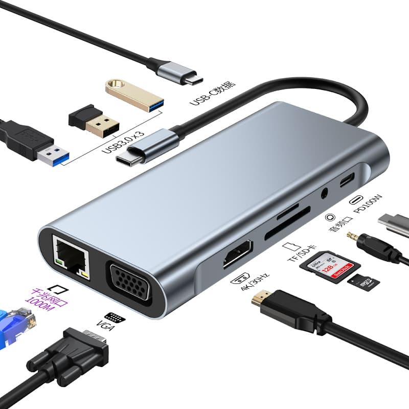 Cross-border Type-C Expansion Dock 11-in-1 Hub 4K 30Hz/60Hz Gigabit Factory Stock OEM