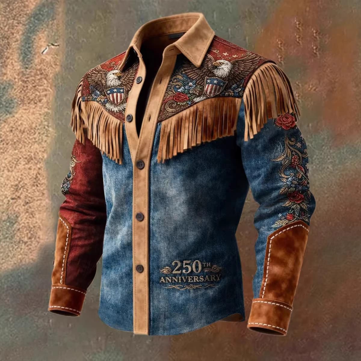 2026 European and American Amazon Spring Men's Long-Sleeved Shirt 3D Digital Printing Retro Tassel Print Casual Shirt