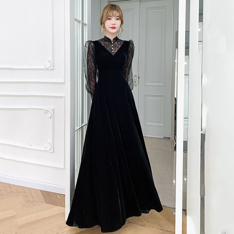Black Lace Dress Long New Chinese Style Stand Collar Luxury Hollow Long Sleeve Daily Wear Evening Gown