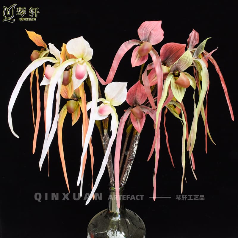 High-quality laminated texture Paphiopedilum artificial flowers for wedding, home, and hotel decoration, artificial slipper orchid fake flowers wholesale