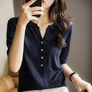 V-Neck Medium Sleeve Ice Silk Knit Top Women 2026 Summer Thin Solid Color Loose Slimming Versatile Base T-Shirt Top