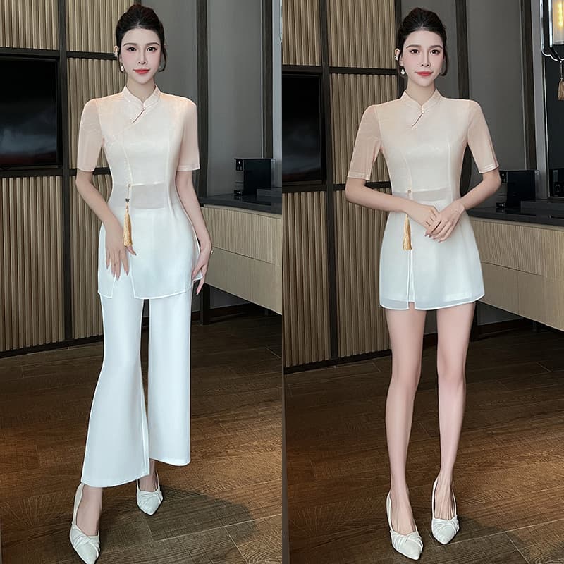 Foot Bath Wellness Center Technician Workwear, Ear Picking Tea Artist Soft Style Uniform, Chinese Style Gradient Print Outfit 1501