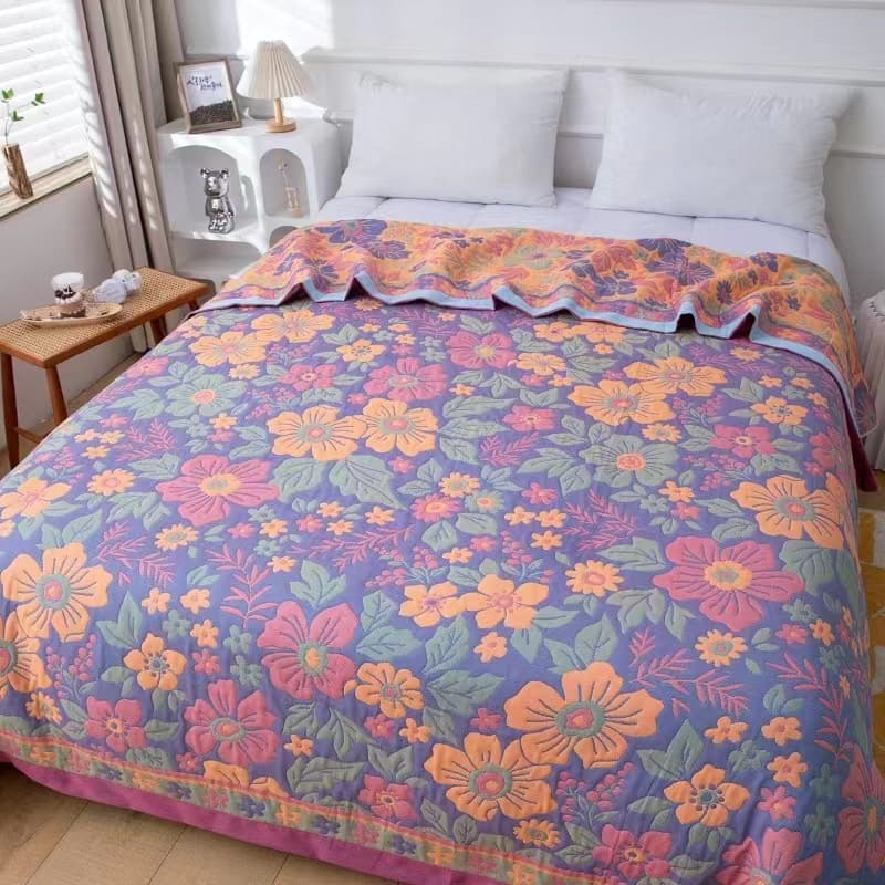 Cotton Gauze Towel Blanket, Washed Cotton Thick Throw Blanket, Four Seasons Floral Single 1.5m Geometric Pattern