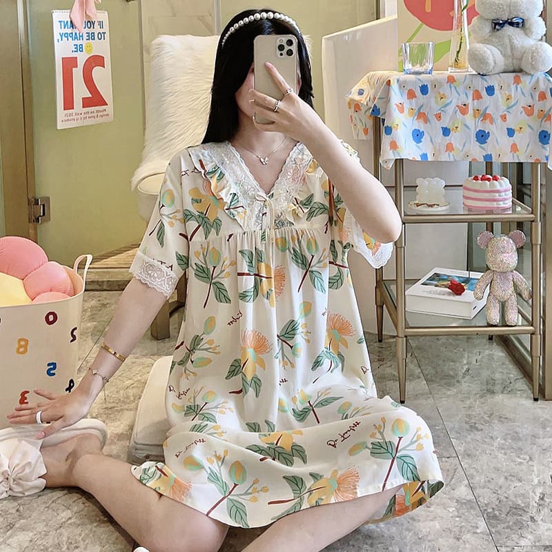 Women's Cotton Silk Sleep Dress Summer Thin Lace Short Sleeve Loose Rayon Nightgown Sweet Pajamas Home Wear
