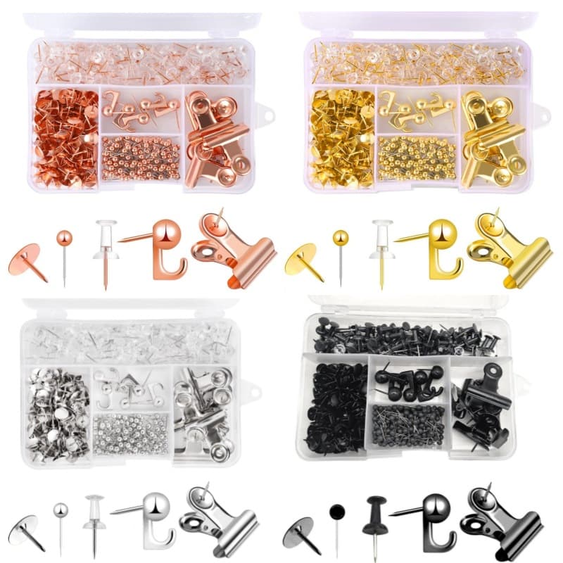 Best-selling Metallic Color Thumbtack Set with Map Pins, Paper Clips, Binder Clips, Hooks, and Thumbtacks in Five-Compartment Box